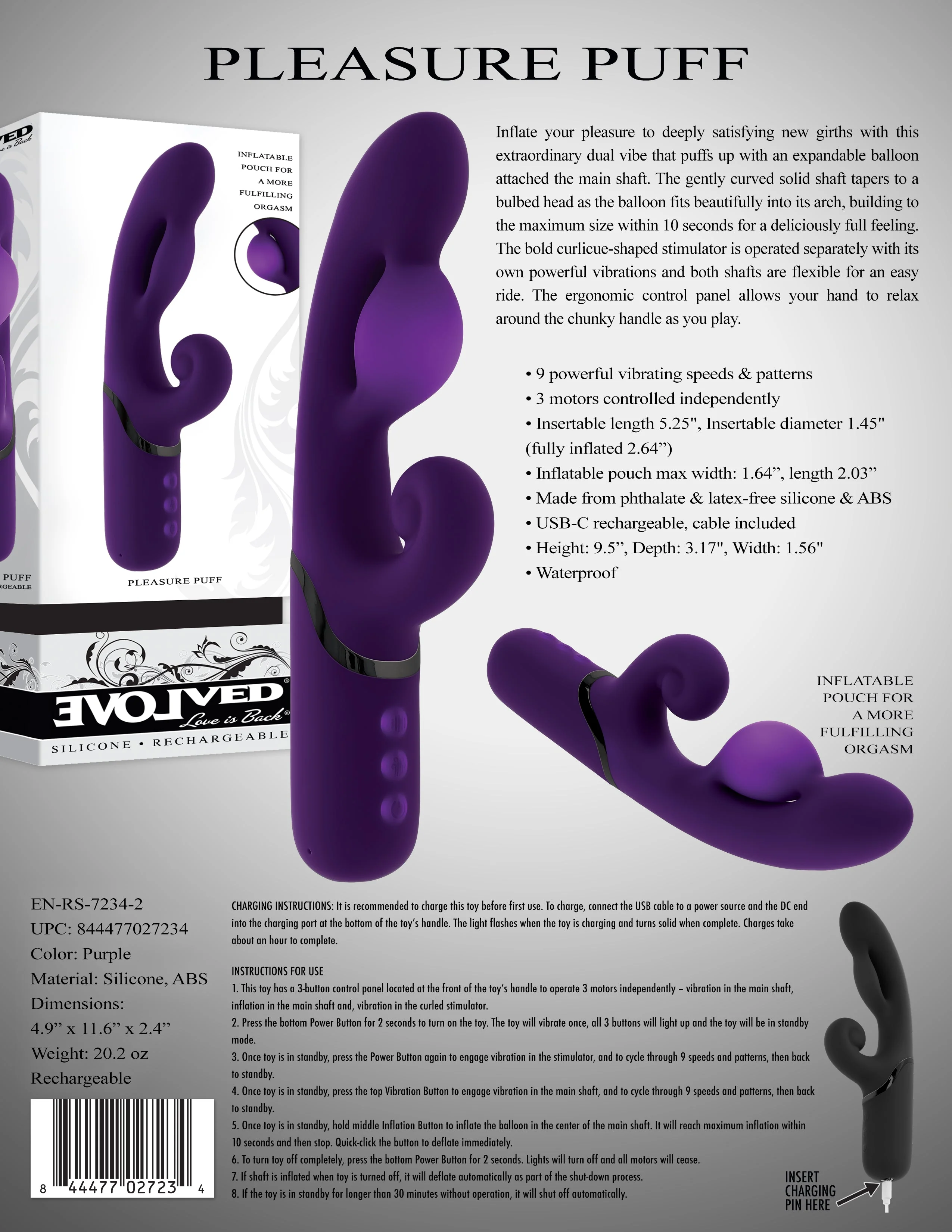 Evolved Pleasure Puff Inflatable Rabbit Vibrator | Purple Silicone G-Spot - Image 11